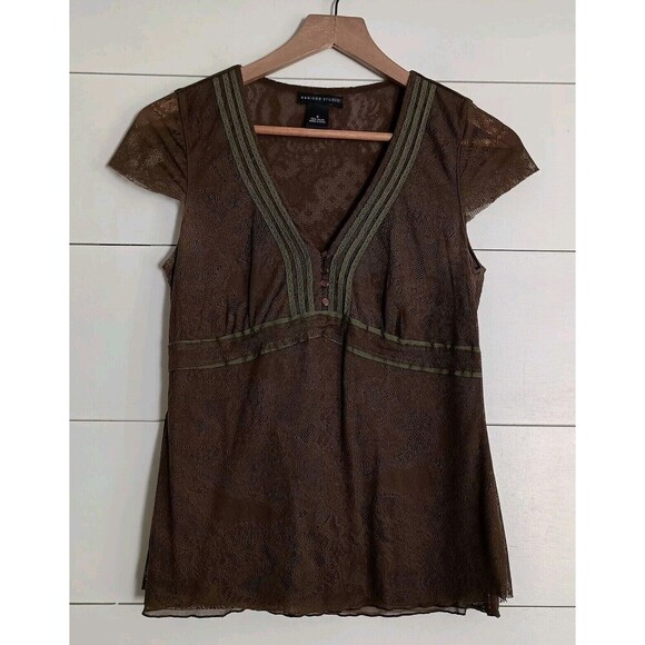 Madison Studio Tops - Women's Y2K Whimsigoth Boho Fairygrunge Babydoll Top Brown Green Mesh Size Small